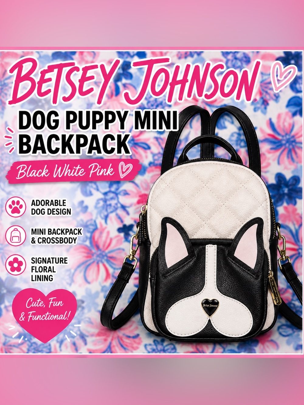 Betsey Johnson Dog Puppy Mini Backpack Crossbody Bag Black White 🐶